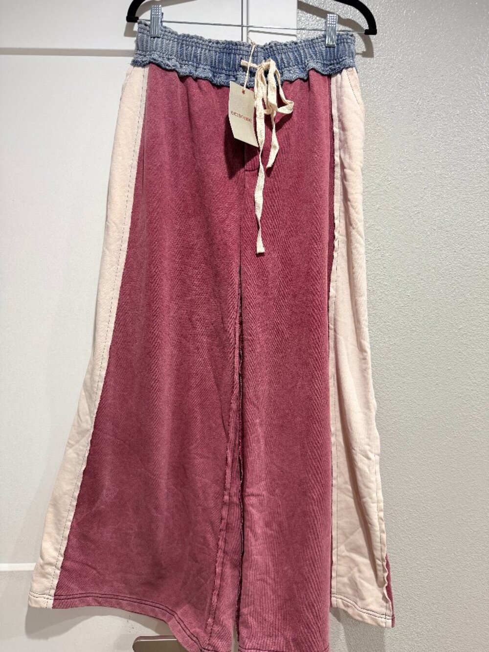 Color Block Denim Drawstring Pants Red Bean - EE:some - Size small